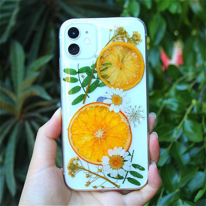 Pressed Flowers & Orange on Samsung S21, S20, S20, S20 Ultra, Galaxy S10, S10, Samsung S9, Galaxy S8, S8 Soft Silicone Fruits Phone Case image 4