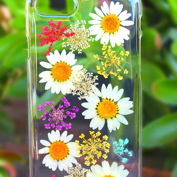 Pressed Dried Daisy Flowers Hard Plastic Phone Case on iPhone X, Xs, Xs Max, XR, iPhone 8, 8 Plus, 7, 7 Plus, 6/6s, 6/6s Plus, 5/5s, SE 4/4s