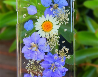 Pressed Purple Flowers w/ White Daisy Phone Case on iPhone X, XS, Xs Max, XR, 8 8 Plus, 7 7 Plus 6/6s 6/6s Plus 5/5s SE 5c Hard Plastic Case