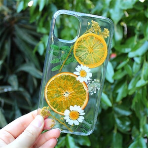 Pressed Flowers & Orange on Samsung S21, S20, S20, S20 Ultra, Galaxy S10, S10, Samsung S9, Galaxy S8, S8 Soft Silicone Fruits Phone Case image 3