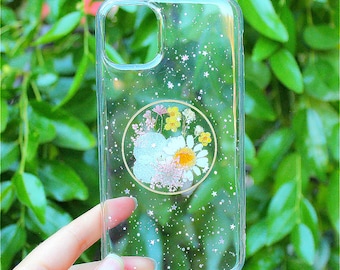 Pressed Flowers / silver Glitters on iPhone 11, 11 Pro, iPhone 11 Pro Max, iPhone X, XS, Xs Max, XR, iPhone 8, 7 Soft Silicone Phone Case