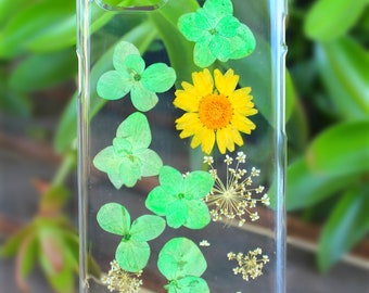 Fait à la main fleurs séchées iPhone 6, iPhone 6 s coque en plastique rigide pression sur téléphone - Marguerite jaune /Queen Anne's Lace fleurs/vert feuille