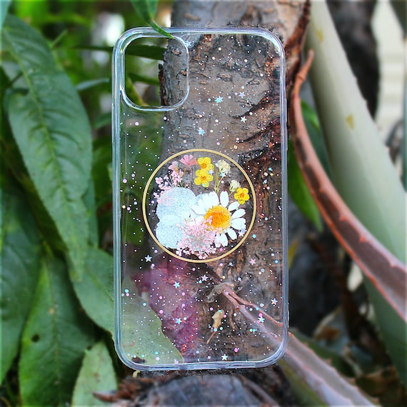 Pressed Flower Phone Case: Real Flowers & Gold Flakes, Soft Silicone Cover