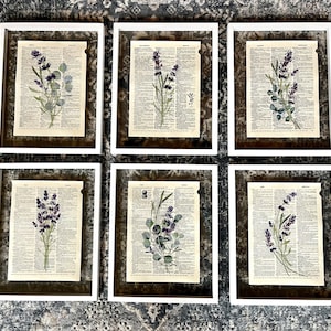 Lavender Eucalyptus Watercolor Vintage Dictionary Artwork Collage Prints, Set of 6