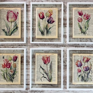 Tulip Blumen Aquarell Vintage Upcycled Wörterbuch Kunst Bild Wand Collage Prints, 6er Set