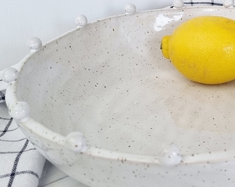 Handmade Speckled Ceramic Bowl: Large White Centerpiece, Farmhouse Style