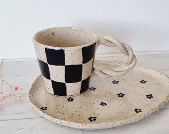 Handmade Ceramic Mug and Plate Set: Black Checkers & Floral