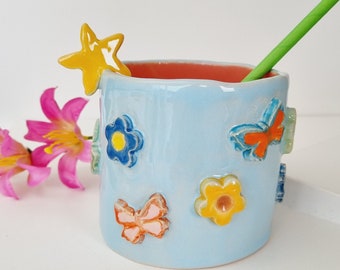 Ceramic cocktail glass handmade, colorful tropical cocktail tumbler, tiki cocktail mug, unique wine cup, mug with butterflies