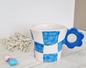 Lovely Small Blue Checkered Cup, Cute  Handmade Ceramic Mug with Flower Handle, Gift for Coffeelover, Handpainted Pottery Denim Decor