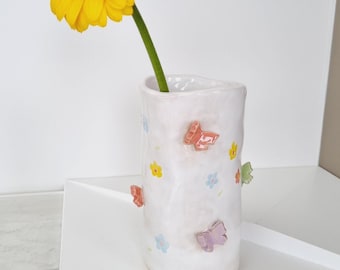 Handmade Ceramic Butterfly Vase: Whimsical Daisy Decor
