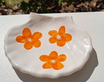 Vintage ring dish handpainted flowers, handmade ceramics, trinket dish, soap dish, ceramic shell. Birthday gift