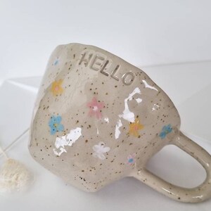 Speckled Mug Handpainted Daisies Mug Hand formed  Organic Coffeecup/ Teacup with inscription Hello Unique handmade Gift Woman Girl