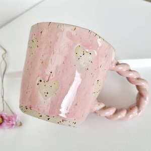 Pink Speckled Ceramic Mug with Hearts Handmade Gift Unique Artisan Cup Useful Gift Loved One of a Kind Mug Organic Mug Whimsical Tableware
