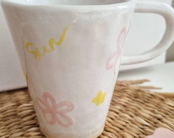 Large Handmade Ceramic Mug,  Handpainted Coffee cup with Sun and Flowers, Gift for mom, Birthday gift