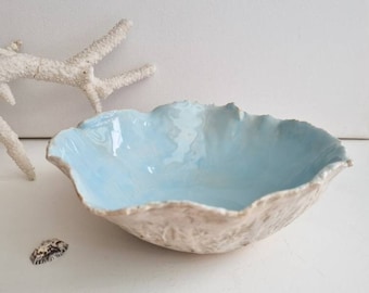 Decorative whimsical ceramic bowl coastal style handmade beach house decor handmade gift unique turquoise oyster bowl