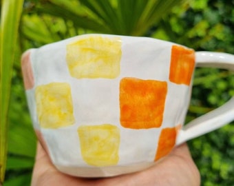 Handmade Ceramic whimsical cup, handpinched and handpainted checkers mug, artisan coffeecup/teacup, colorful mug