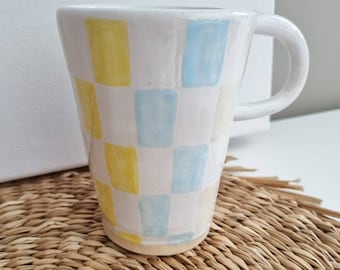 Handmade Ceramic Checkers  Bistro Mug,   Handpainted Large mug