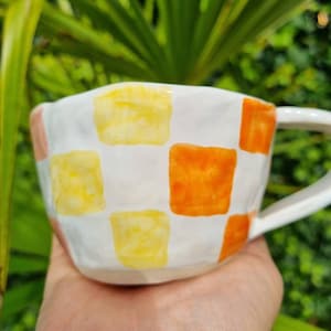 Handmade Ceramic whimsical cup, handpinched and handpainted checkers mug, artisan coffeecup/teacup, colorful mug