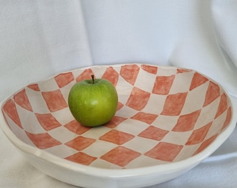 Handmade Ceramic Centerpiece Bowl: Burnt Orange Checkers, Eclectic Decor