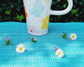 Large handmade mug with colorful Flowers, handpainted vintage flower power, handmade gift for woman or girl