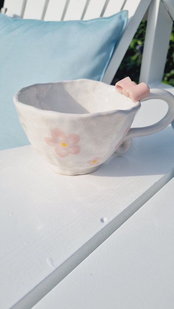Handmade Pink Bow Mug: Girly Ceramic Coffee Cup with Flowers
