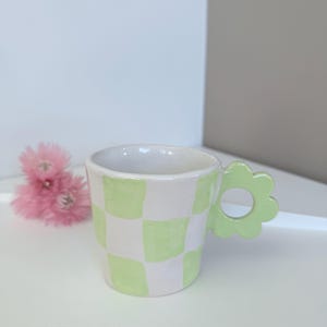 Green Checkered Cup handpainted, Cute Handmade small Ceramic espressocup  with Flower Handle, Gift for Coffeelover women