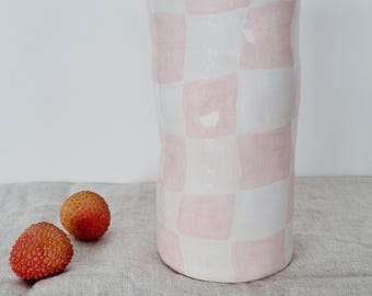 Handmade Pink Checkers Ceramic Vase: Eclectic Home Decor