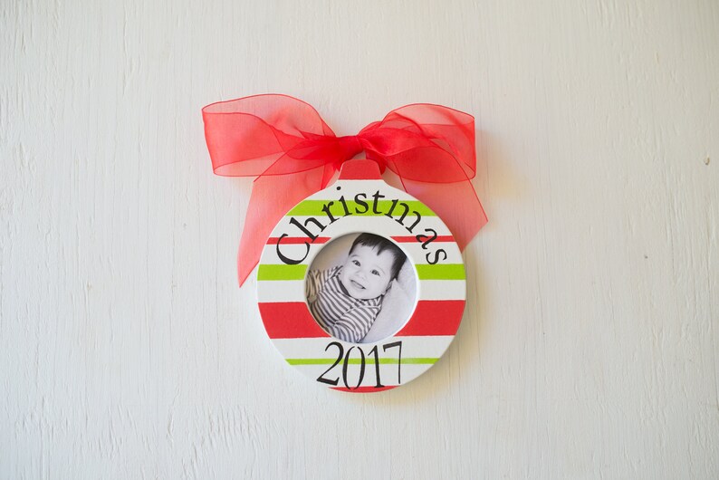 Ornament for Child Personalized Christmas Ornament Signature Stripes Keepsake circle Monogram Christmas Gift Picture Frame Ornament