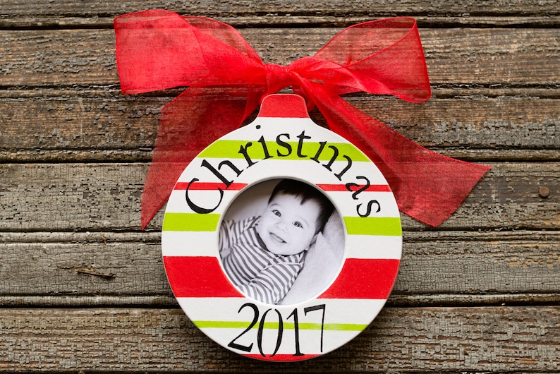 Ornament for Child Personalized Christmas Ornament Signature Stripes Keepsake circle Monogram Christmas Gift Picture Frame Ornament