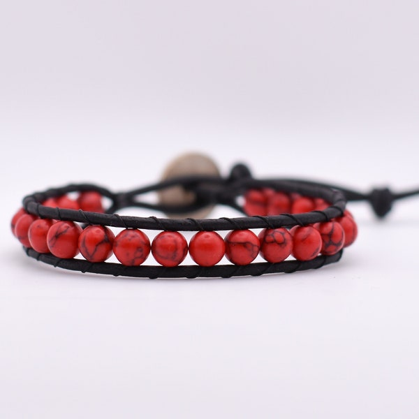 Leather Wrap Beaded Bracelet Stone Beads Red/Black