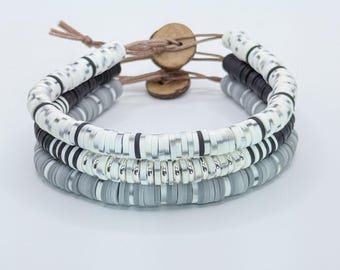 Clay Bead Wrap Bracelet Set (3) White/Black/Silver/Gray