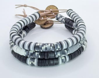 Clay Bead Wrap Bracelet Set (3) White/Black/Gray