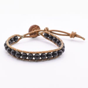 Leather Wrap Beaded Bracelet Stone Beads Black