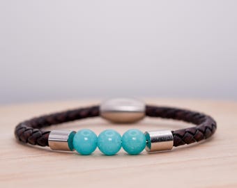 Leather Cord Glass Bead Wrap Bracelet Blue/Silver