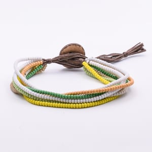 Multi Layer Beaded Bracelet Glass Seed Beads Green/Yellow/Tan/Beige/White/Brown