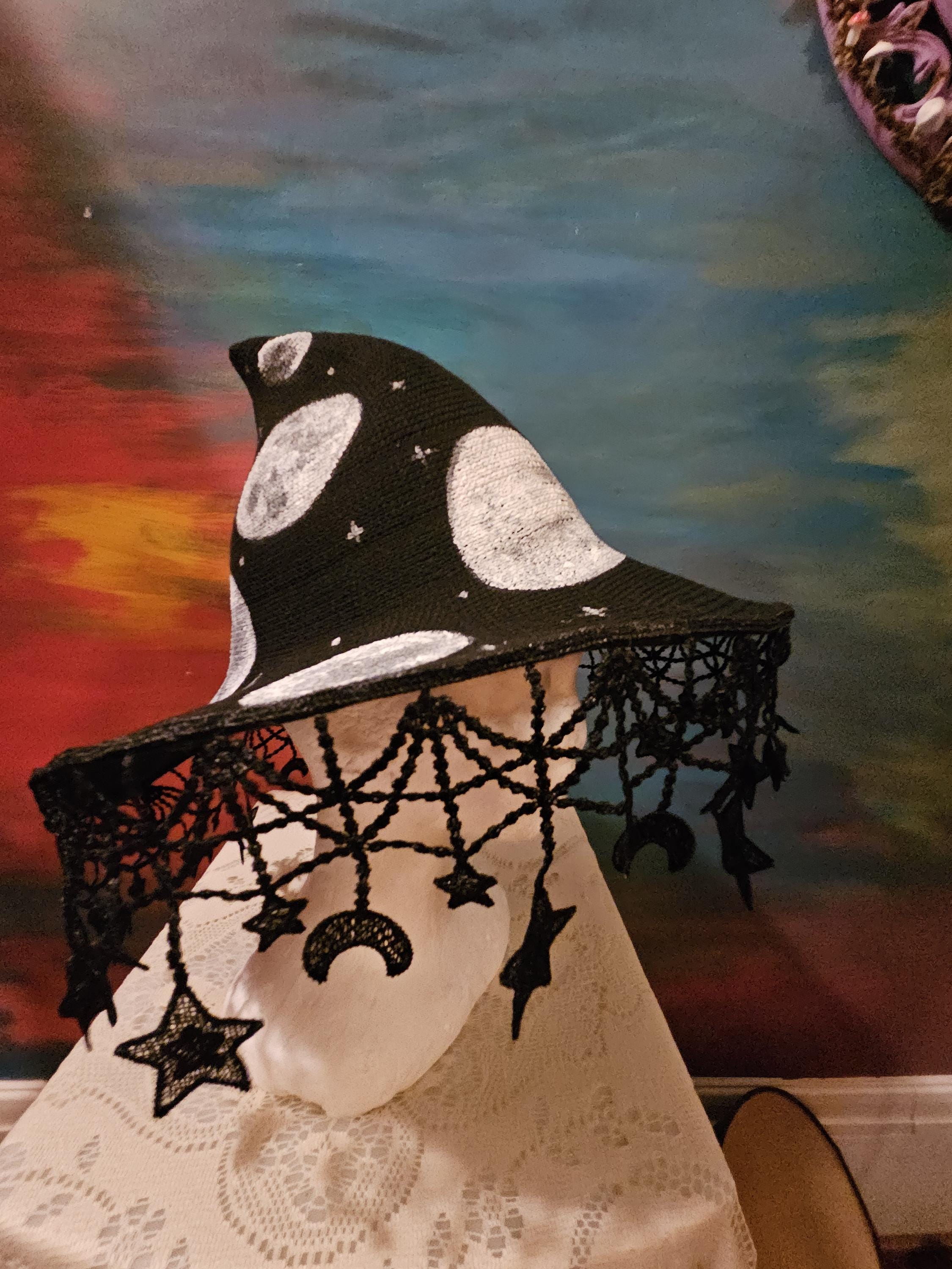 Witchy Moonphase Wide Brim Sun Hat Moon and Stars Fringe 