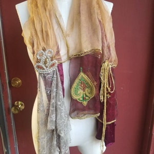 shabby chic, bohemian, vintage, upcycled antique scarve. One of a kind Indian Sari scarf.