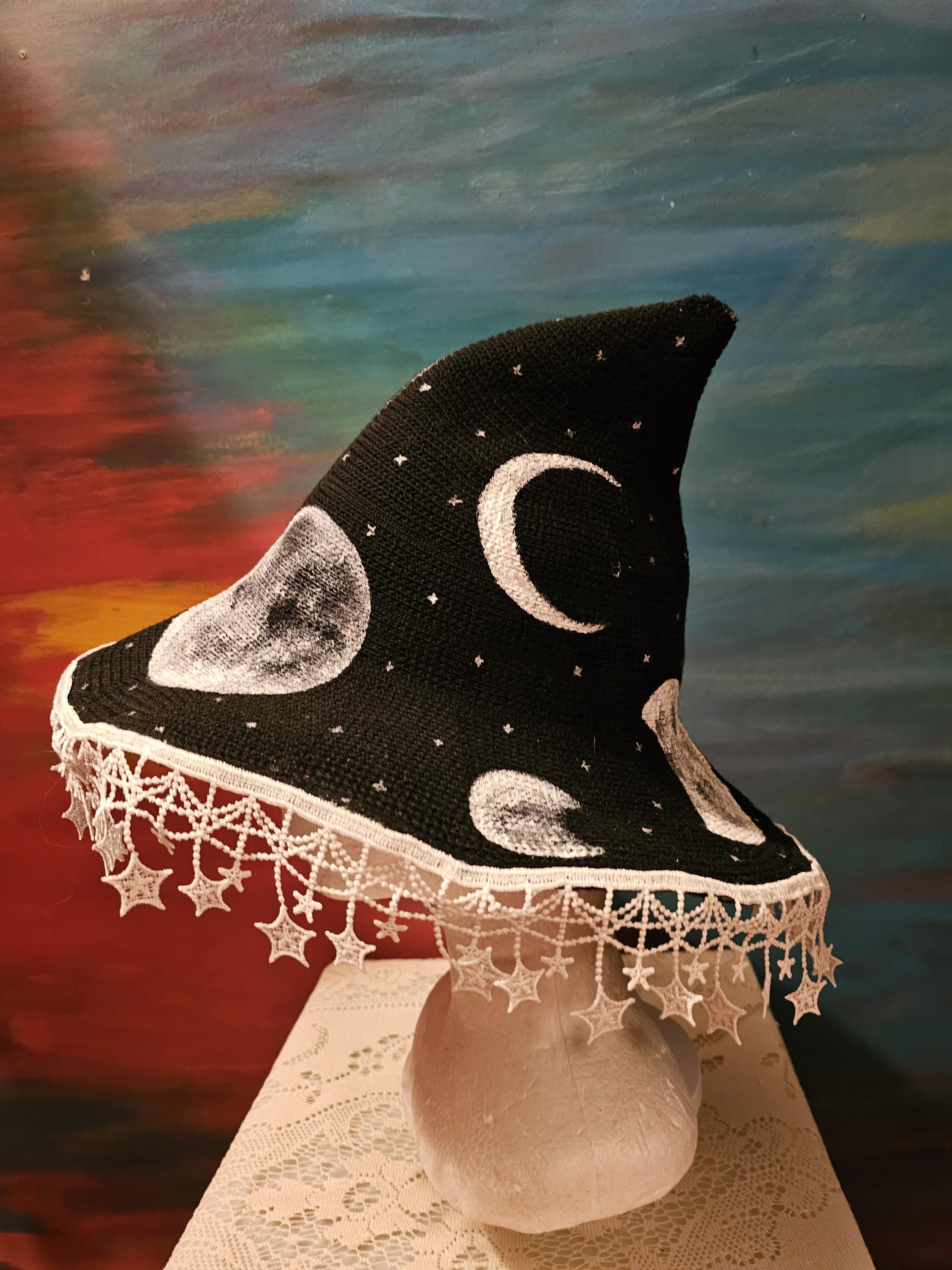 LunaBloom Tan Wide-Brim Moon phase hat with Accent boho witchy vibes Moon Phase Wide Brim Witch Hat - Cosmic Goth Style - Etsy main image 3
