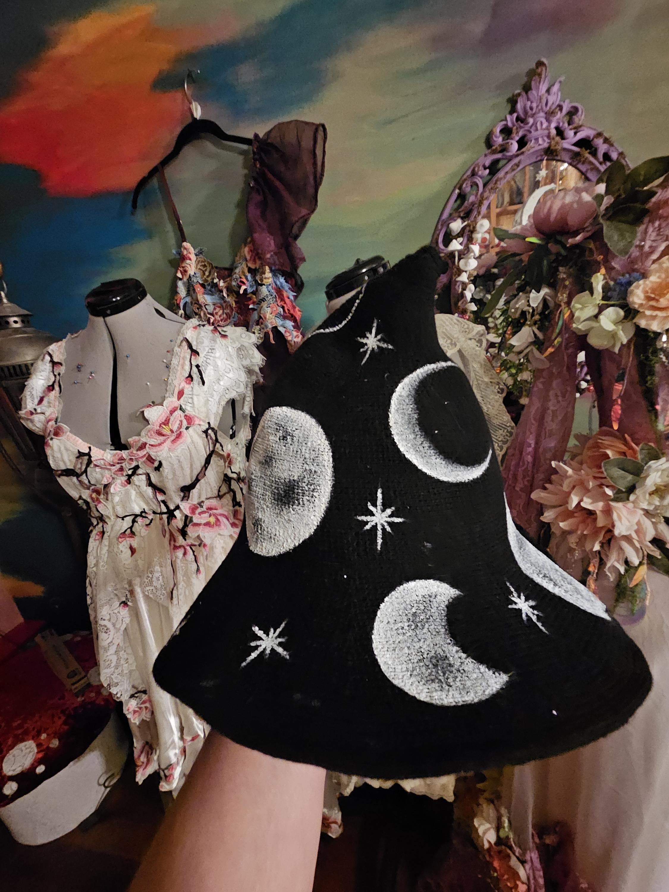 *Luna Bloom Aja Single Sided Brown Celestial Witchy Wide Brim Hat Witchy Moonphase Wide Brim Sun Hat Moon and Stars Fringe  main image 3