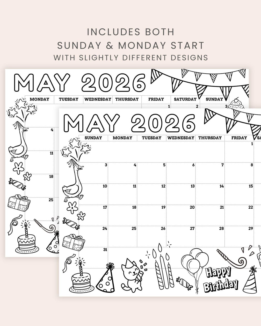 May 2026 Calendar Birthday Coloring Page | Printable PDF for Party ...