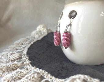Woven Pink Paper Earrings, Sterling Silver Hooks