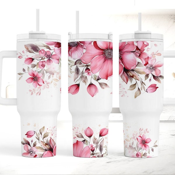 40oz Quencher Tumbler Wrap, Bright Pink Floral 40oz Sublimation Design, Seamless 40oz Tumbler Wrap, Sublimation Downloads PNG