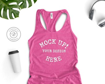 Download Free Next Level 1533 Hot Pink Ladies Ideal Racerback Tank, flat lay tank top, summer tank top, Tank Top Mockup, T Shirt MockUp, white background PSD Template