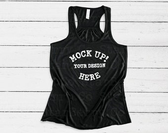Download Free Bella Canvas 8800 Black, Blank tank Mock-Up, racerback tank mock ups, women's flowy Tank top Flat Lay, Tank top mockup, basic apparel mockup PSD Template