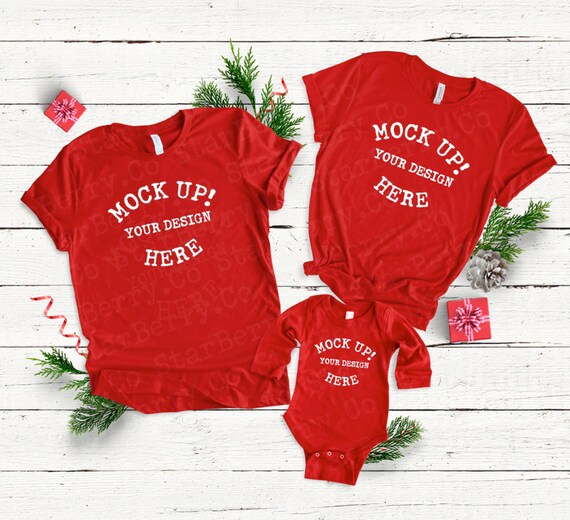 3001 Family Christmas T-Shirt Mockup Bella Canvas Red - T Shirts Mock Up | Free Mockups Download