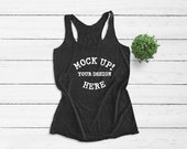 6733 Next Level Vintage Black Basic Womens Tri-blend Racerback Tank, Mockup stock photo, no tag flatlay tank, Tank Top Mockup, flat lay