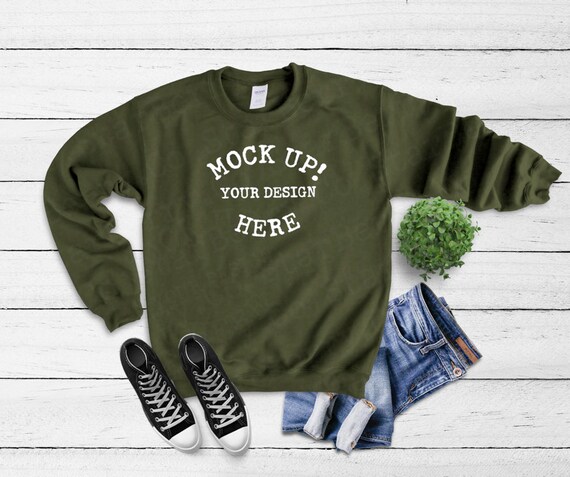 Download 18000 Gildan Military Green Blank SweaT-Shirt Mockup ...
