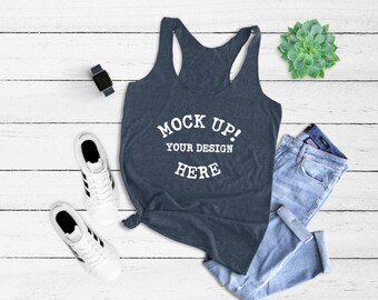 Download Free 6733 Next Level Indigo Styled Womens Tri-blend Racerback Tank, Mockup stock photo, Anvil no tag flatlay tank, Tank Top Mockup, flat lay PSD Template