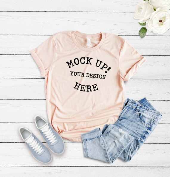 Bella Canvas 3001 Heather Peach T-Shirt Mockup Flat Lay