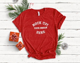 Download Free Bella Canvas 3001 Red, Christmas mock-ups, Knotted tee mockup, flat lay, tee shirt mock-up, Tee Mock Up, winter mock up, holiday mocks PSD Template